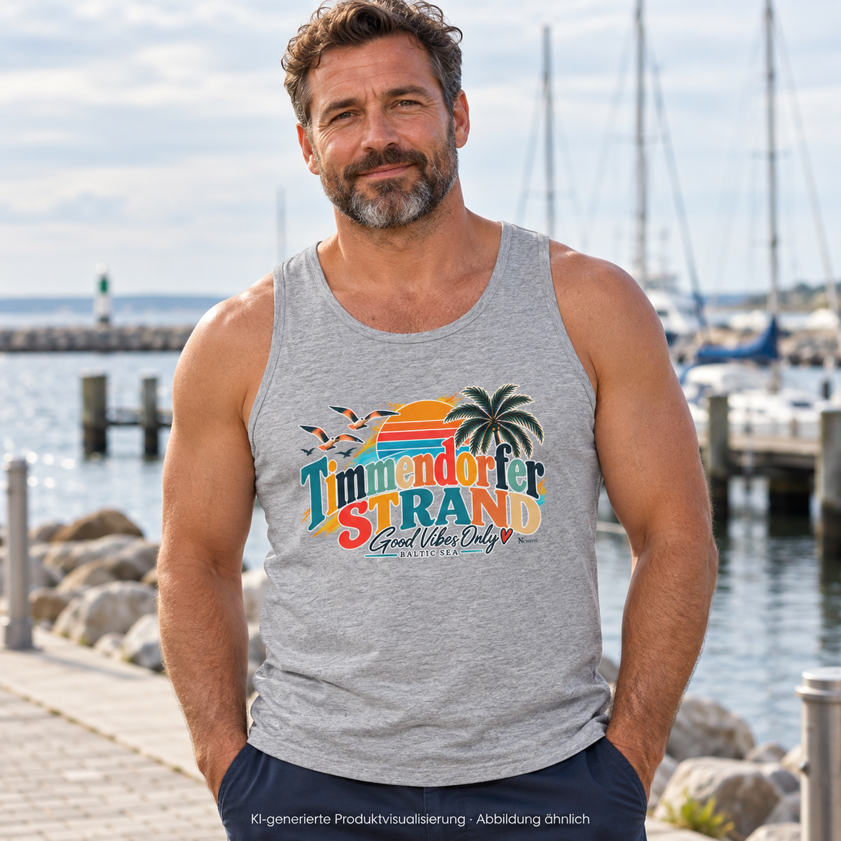 KI-generierte Produktvisualisierung: Mann im Heather-Grey Herren-Tanktop mit Good-Vibes-Only-Frontprint an einer Marina.