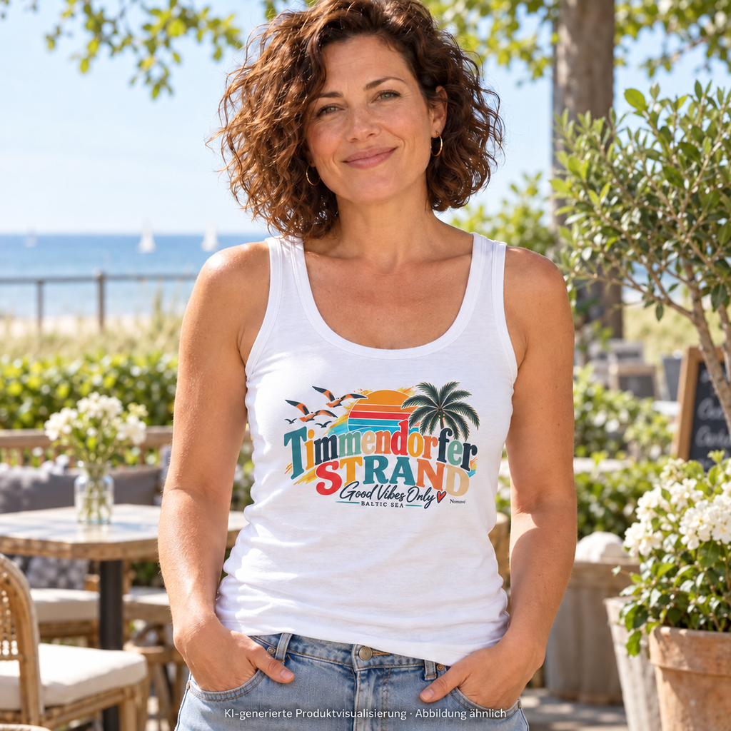 KI-generierte Produktvisualisierung: Frau im weißen Damen-Fitted-Tanktop mit Timmendorfer-Strand-Good-Vibes-Only-Frontprint in einem Küstengarten-Café.