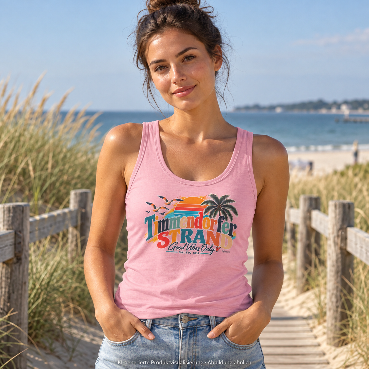 KI-generierte Produktvisualisierung: Frau im Cotton-Pink Damen-Fitted-Tanktop mit Good-Vibes-Only-Frontprint am Strandzugang.