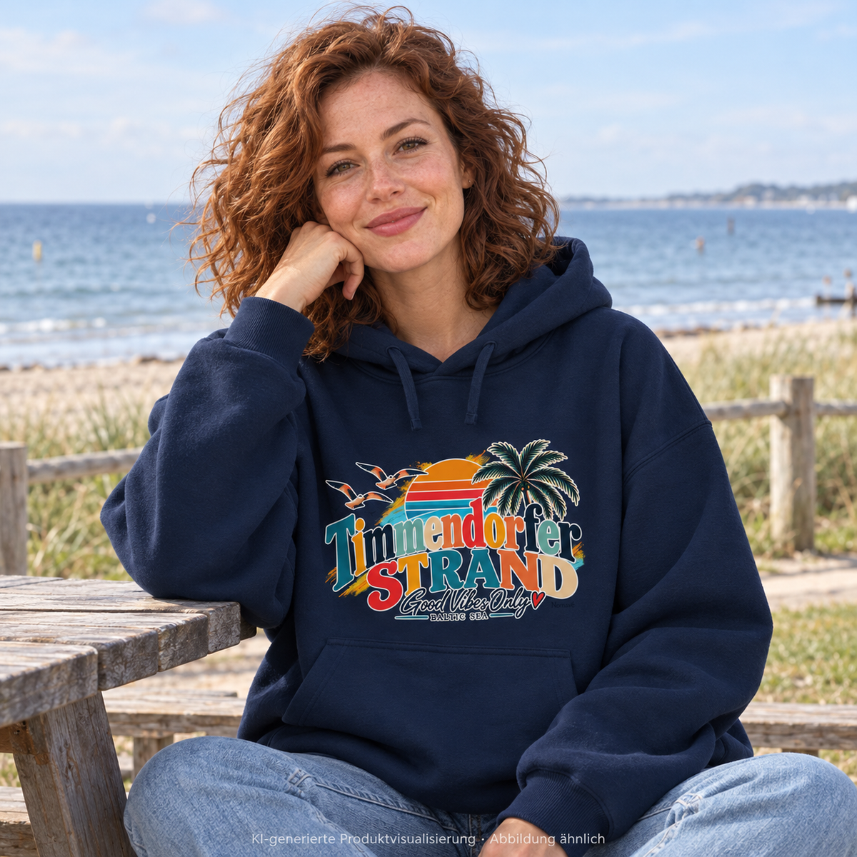 KI-generierte Produktvisualisierung: Frau im French-Navy Unisex-Oversize-Hoodie mit Good-Vibes-Only-Frontprint an einem Picknicktisch an der Küste.