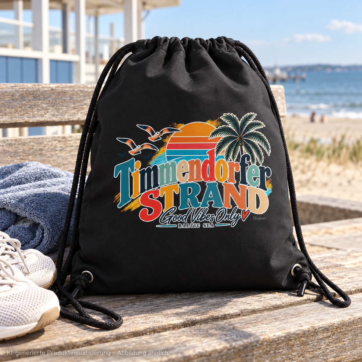 KI-generierte Produktvisualisierung: Schwarzer Gym-Bag mit Good-Vibes-Only-Außenmotiv auf einer Holzbank neben Sportzubehör an der Küste.