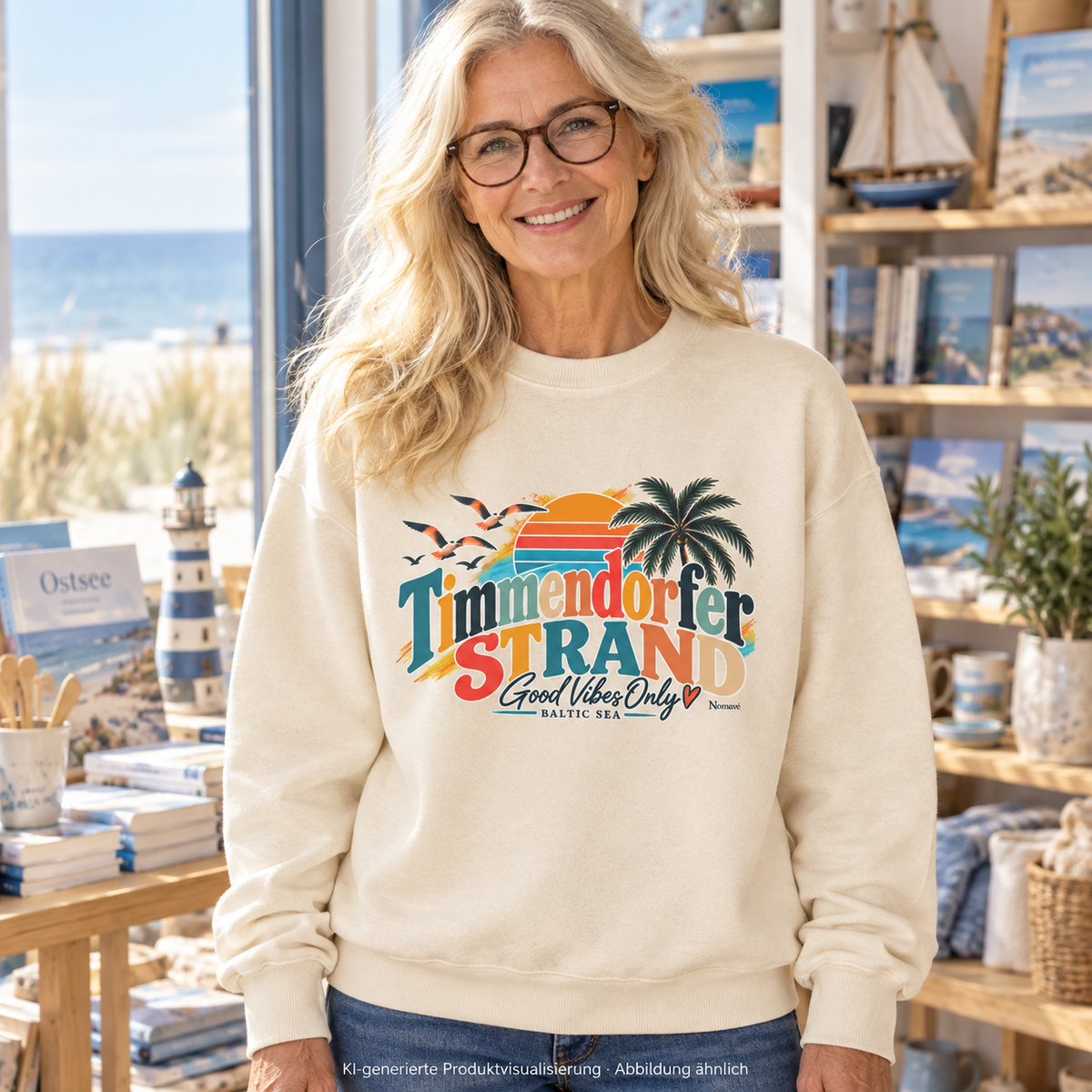 KI-generierte Produktvisualisierung: Frau im Natural-Raw-Oversize-Sweatshirt mit Timmendorfer-Strand-Good-Vibes-Only-Frontprint in einer Küstenbuchhandlung.