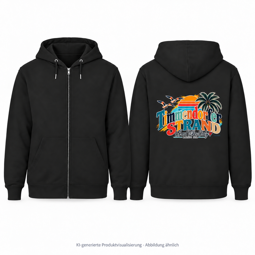 KI-generierte Produktvisualisierung: schwarzer Timmendorfer-Strand-Good-Vibes-Only-Zipper in Split-Ansicht; links unbedruckte Vorderseite mit Reißverschluss und Taschen, rechts Rückseite mit Rückenprint.