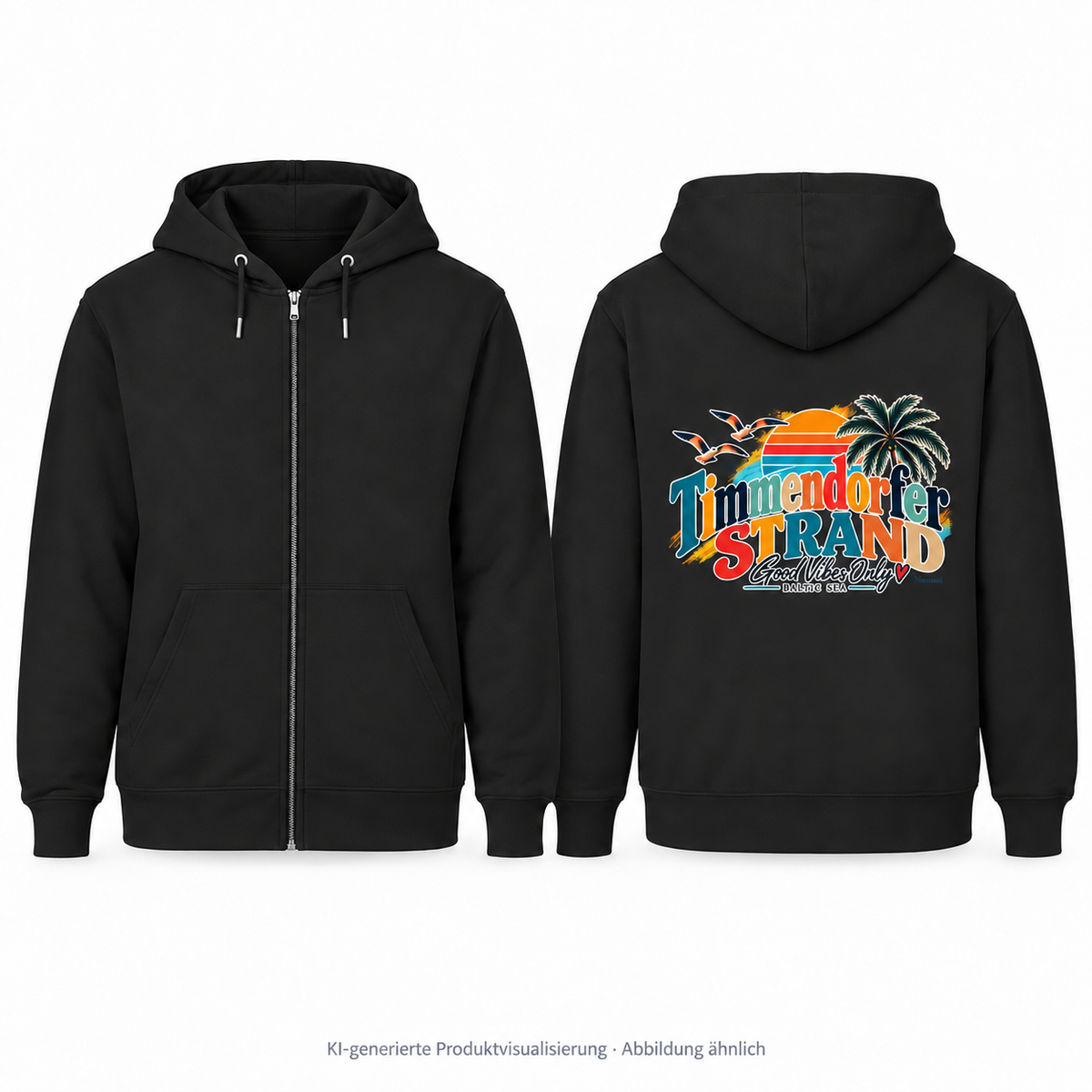 KI-generierte Produktvisualisierung: schwarzer Timmendorfer-Strand-Good-Vibes-Only-Zipper in Split-Ansicht; links unbedruckte Vorderseite mit Reißverschluss und Taschen, rechts Rückseite mit Rückenprint.