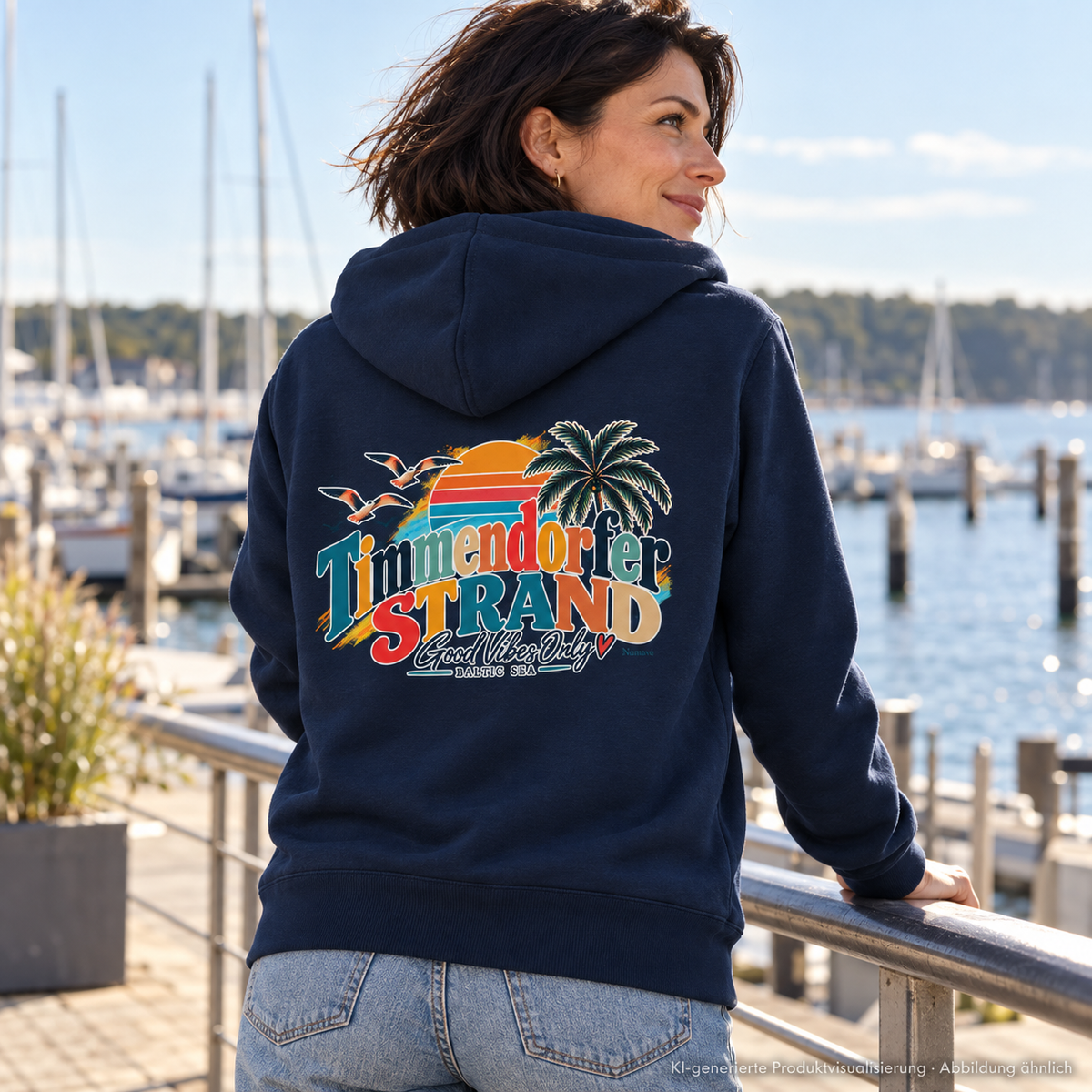 KI-generierte Produktvisualisierung: Frau in French-Navy-Zipper-Kapuzenjacke mit Timmendorfer-Strand-Good-Vibes-Only-Rückenprint an der Marina.