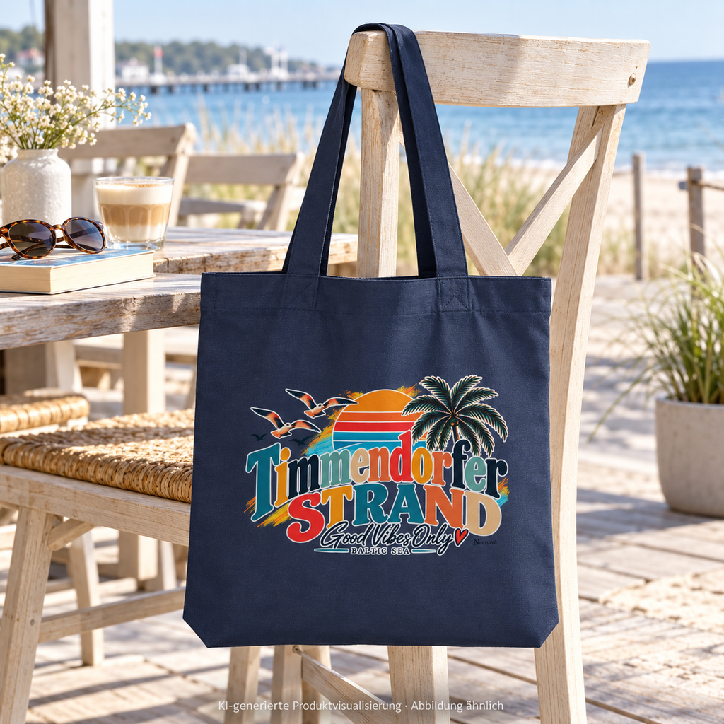 KI-generierte Produktvisualisierung: Midnight-Blue-Tote-Bag mit Timmendorfer-Strand-Good-Vibes-Only-Außenmotiv an einem Stuhl im Küstencafé.