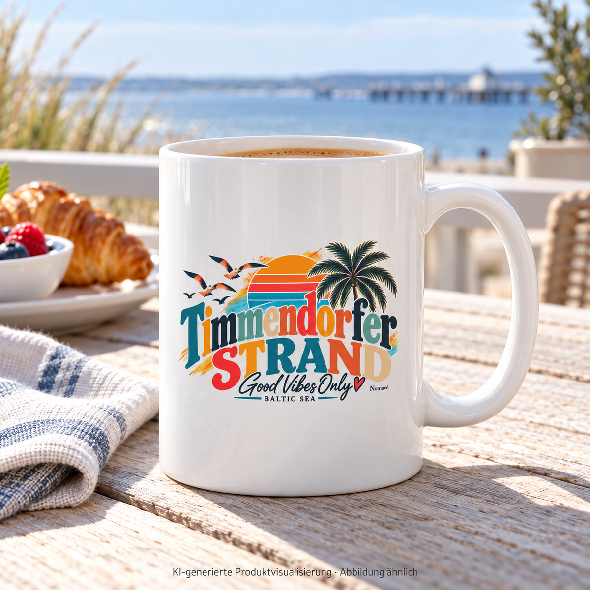 KI-generierte Produktvisualisierung: weiße Good-Vibes-Only-Keramiktasse mit Timmendorfer-Strand-Außenmotiv auf einem Frühstückstisch an der Küste.