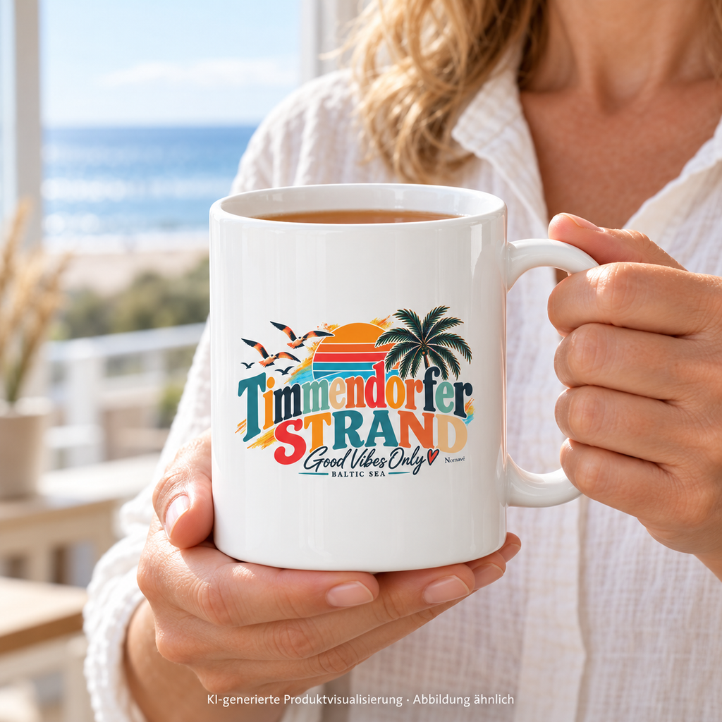KI-generierte Produktvisualisierung: weiße Timmendorfer-Strand-Good-Vibes-Only-Keramiktasse mit Außenmotiv in den Händen einer Frau am Ferienhausfenster.