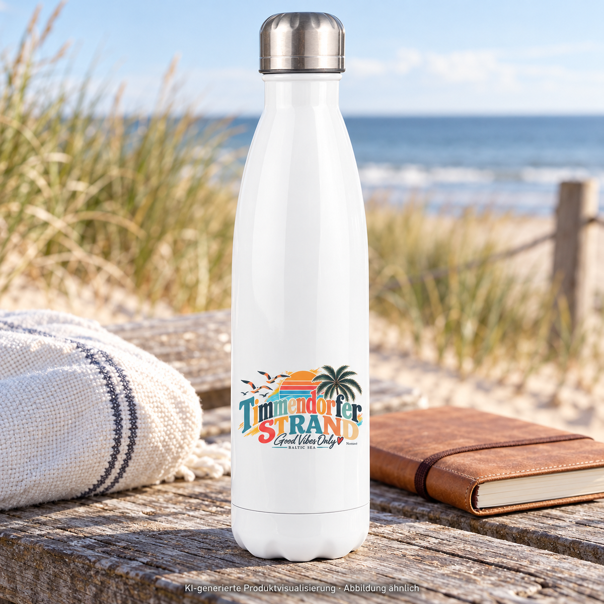 KI-generierte Produktvisualisierung: weiße Good-Vibes-Only-Thermoflasche mit Timmendorfer-Strand-Außenmotiv und silbernem Deckel auf einer Bank an den Dünen.