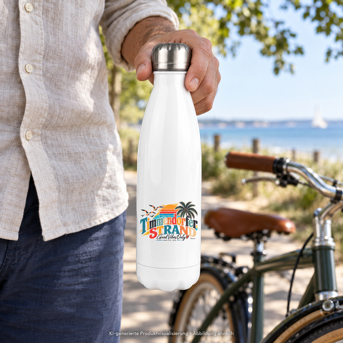 KI-generierte Produktvisualisierung: weiße Timmendorfer-Strand-Good-Vibes-Only-Thermoflasche in der Hand eines Mannes neben einem Fahrrad.