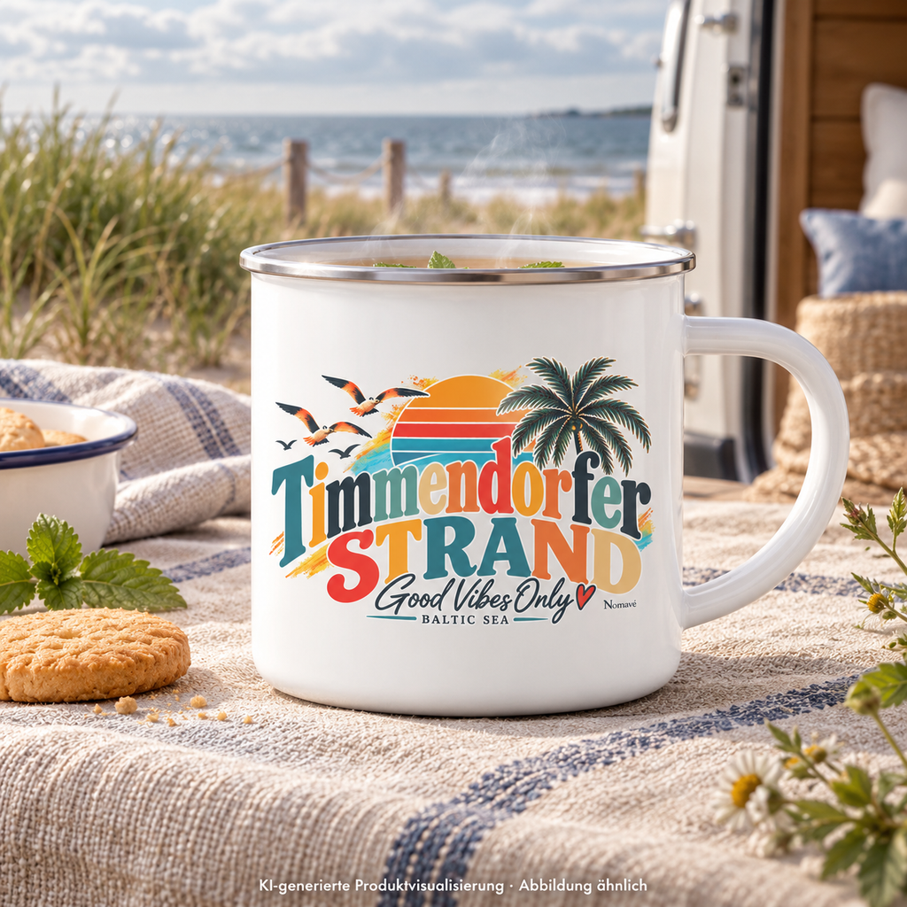 KI-generierte Produktvisualisierung: weiße Emaille-Tasse mit Silberrand und Timmendorfer-Strand-Good-Vibes-Only-Außenmotiv auf einem Campingtisch an den Dünen.