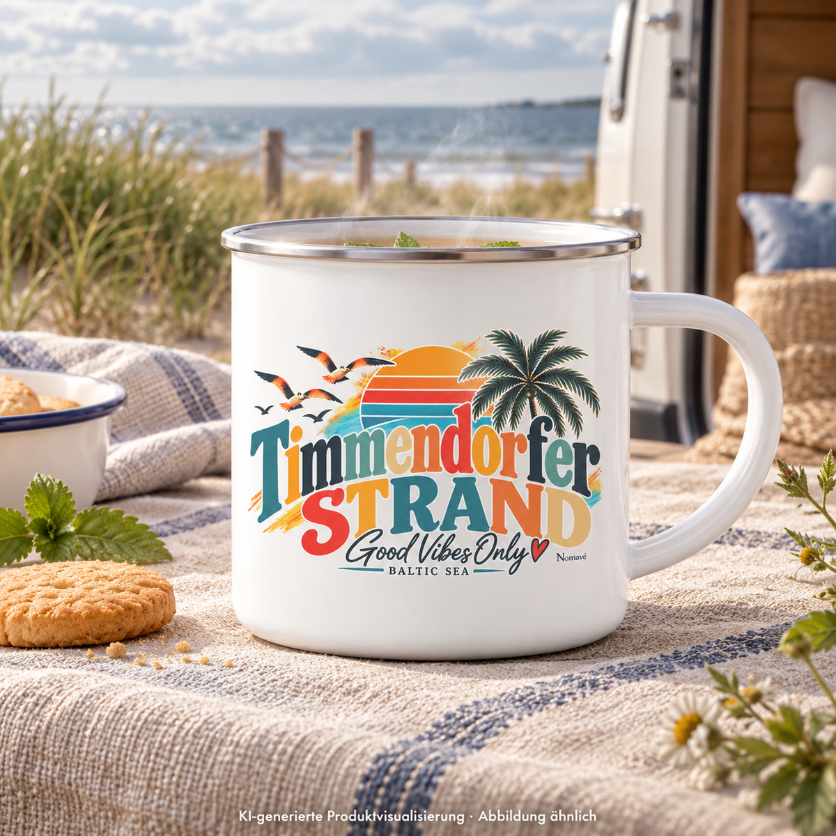 KI-generierte Produktvisualisierung: weiße Emaille-Tasse mit Silberrand und Timmendorfer-Strand-Good-Vibes-Only-Außenmotiv auf einem Campingtisch an den Dünen.