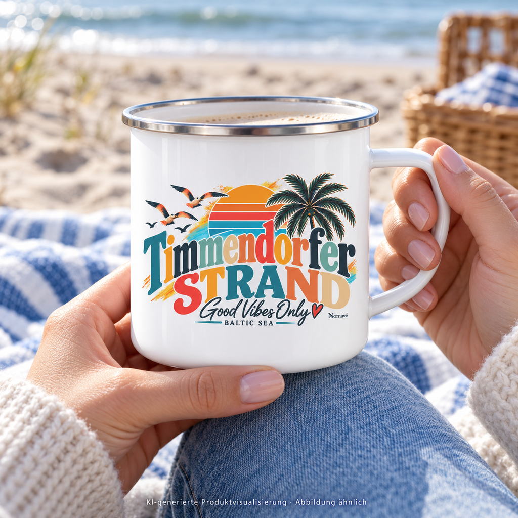 KI-generierte Produktvisualisierung: weiße Good-Vibes-Only-Emaille-Tasse mit Silberrand in den Händen einer Frau beim Strandpicknick.