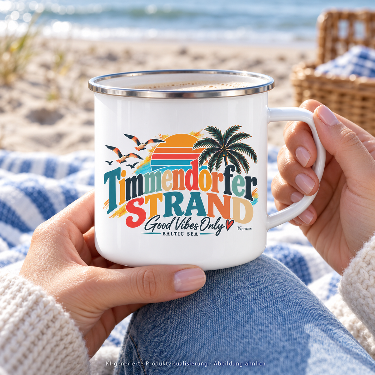KI-generierte Produktvisualisierung: weiße Good-Vibes-Only-Emaille-Tasse mit Silberrand in den Händen einer Frau beim Strandpicknick.