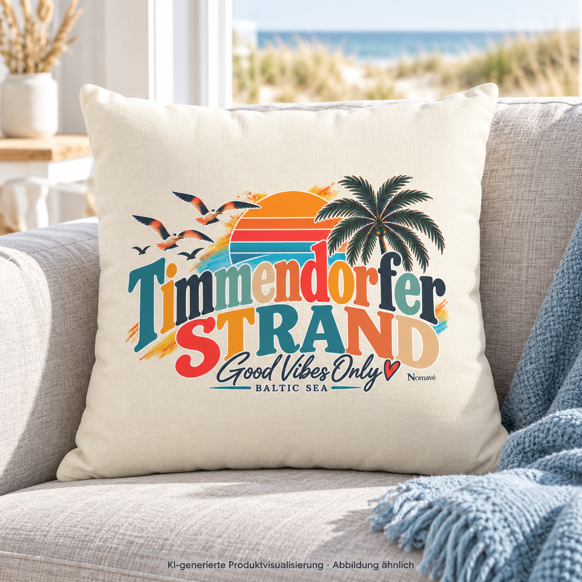 KI-generierte Produktvisualisierung: Naturfarbenes Good-Vibes-Only-Kissen 40 × 40 cm mit Frontmotiv auf einem hellen Sofa im Küstenferienhaus.