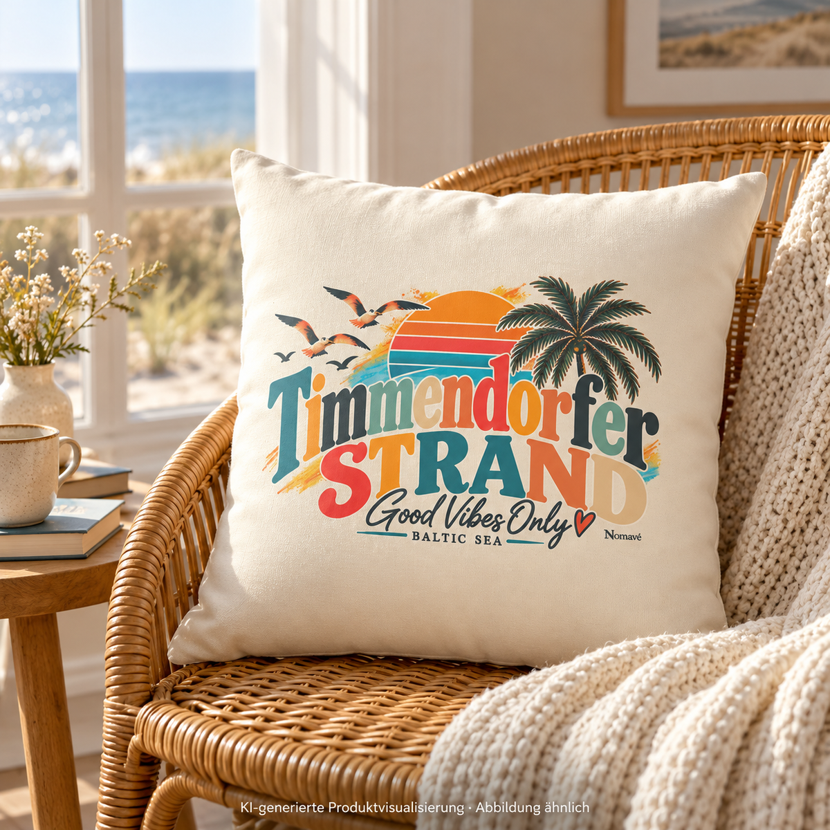 KI-generierte Produktvisualisierung: Naturfarbenes Timmendorfer-Strand-Kissen mit Good-Vibes-Only-Frontmotiv auf einem Sessel in einer hellen Leseecke.