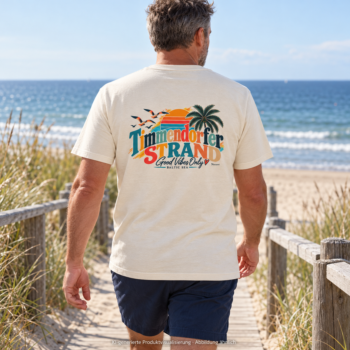 KI-generierte Produktvisualisierung: Unisex-Bio-T-Shirt in Natural Raw mit Good-Vibes-Only-Rückenprint, getragen von einem Mann am Strandzugang.