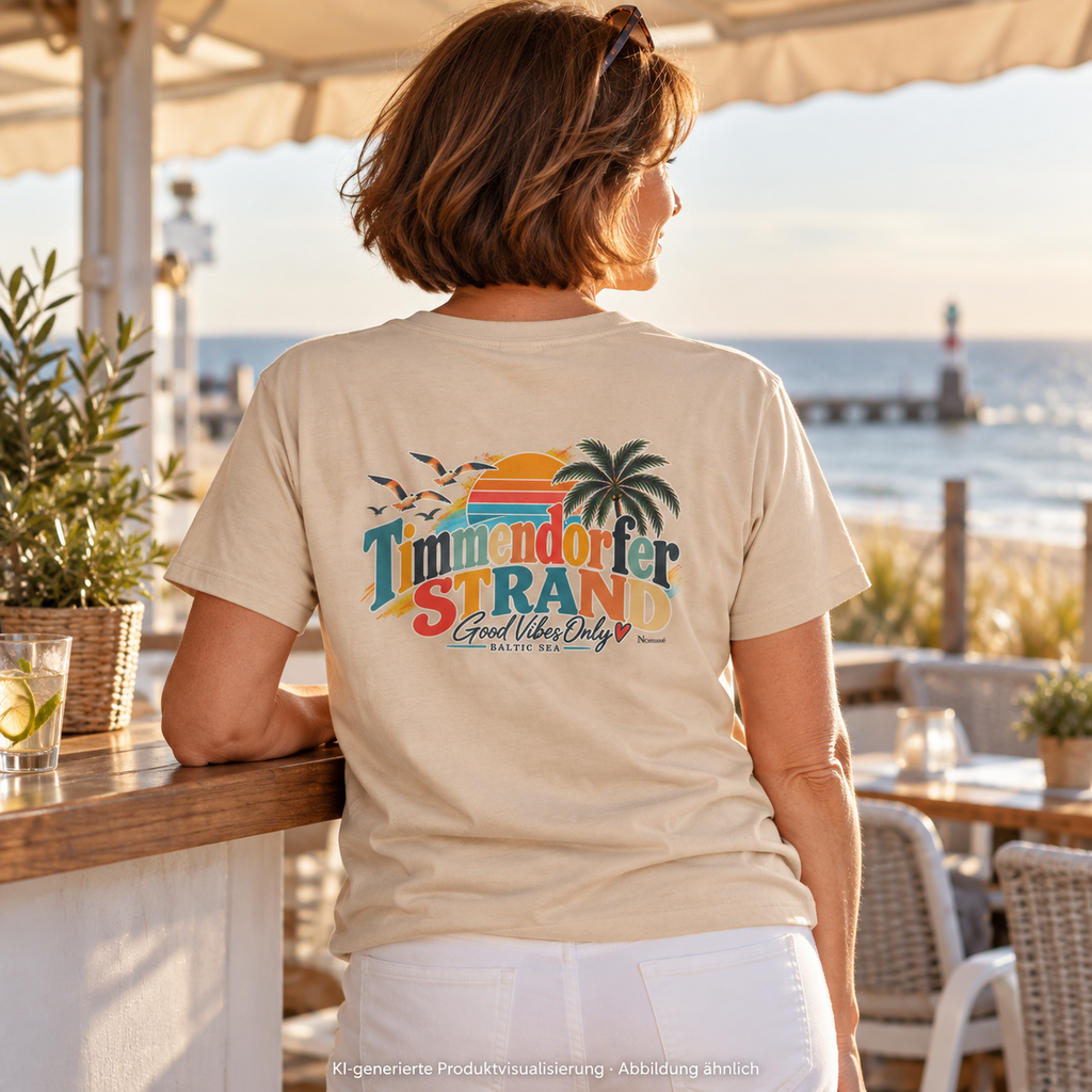 KI-generierte Produktvisualisierung: Essential T-Shirt in Natural mit Good-Vibes-Only-Rückenprint, getragen von einer Frau an einem Küstencafé.