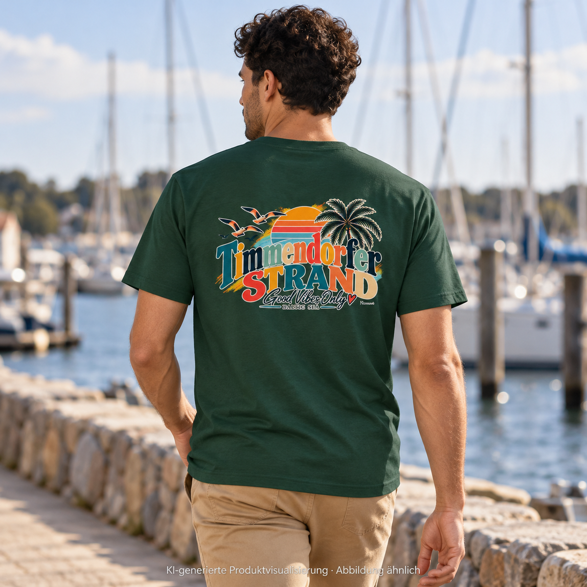 KI-generierte Produktvisualisierung: Essential T-Shirt in Forest Green mit Timmendorfer-Strand-Good-Vibes-Only-Rückenprint, getragen von einem Mann im Hafen.