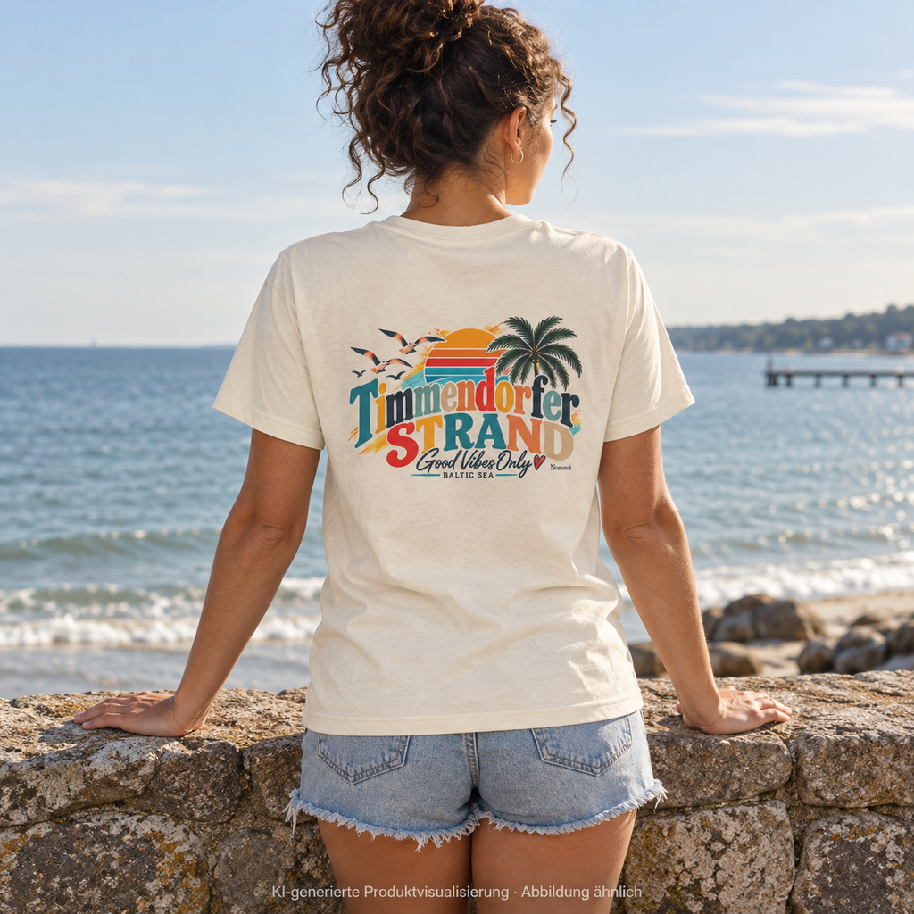 KI-generierte Produktvisualisierung: Bio-Heavy-T-Shirt in Natural Raw mit Good-Vibes-Only-Rückenprint, getragen von einer Frau an einer Strandmauer.