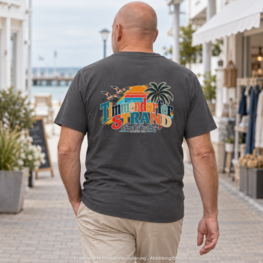 KI-generierte Produktvisualisierung: Bio-Heavy-T-Shirt in Anthracite mit Timmendorfer-Strand-Good-Vibes-Only-Rückenprint, getragen von einem Mann beim Küstenbummel.