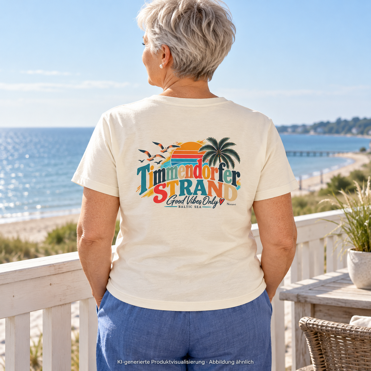 KI-generierte Produktvisualisierung: Damen-Bio-T-Shirt in Natural Raw mit Good-Vibes-Only-Rückenprint, getragen von einer Frau auf einem Küstenbalkon.