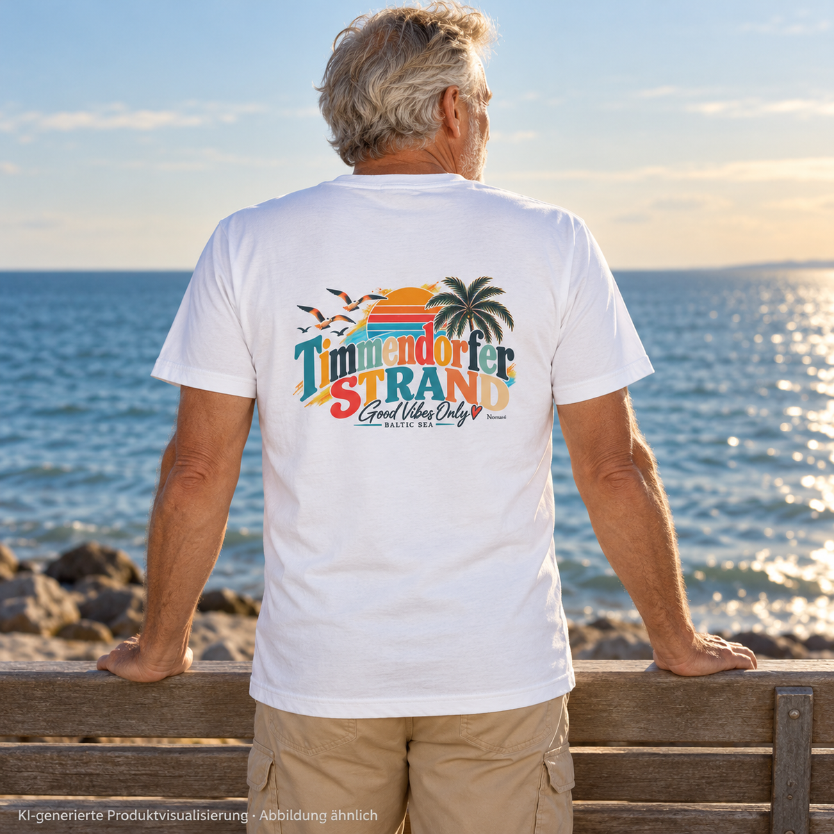 KI-generierte Produktvisualisierung: Weißes Herren-Bio-V-Neck-Shirt mit Good-Vibes-Only-Rückenprint, getragen von einem Mann an einer Ostsee-Sitzbank.