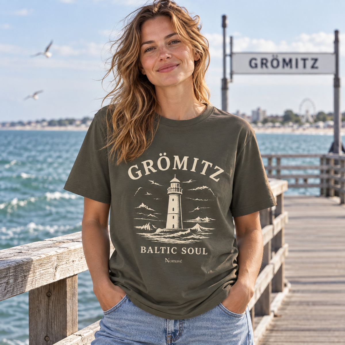Frau im Grömitz Baltic Soul Dark Bio-Heavy T-Shirt an der Seebrücke