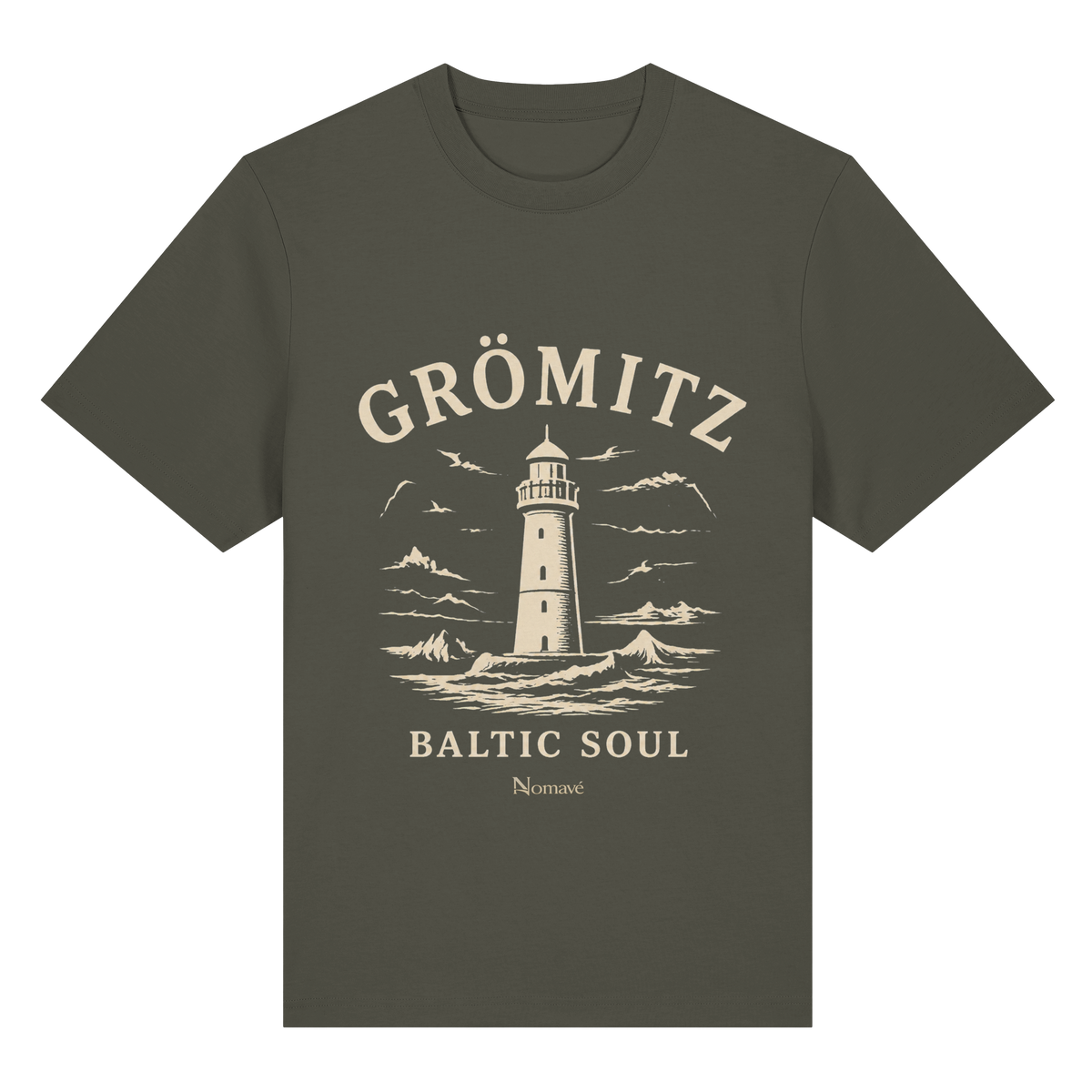 Grömitz Baltic Soul Dark Bio-Heavy T-Shirt in khaki mit maritimem Grömitz-Motiv