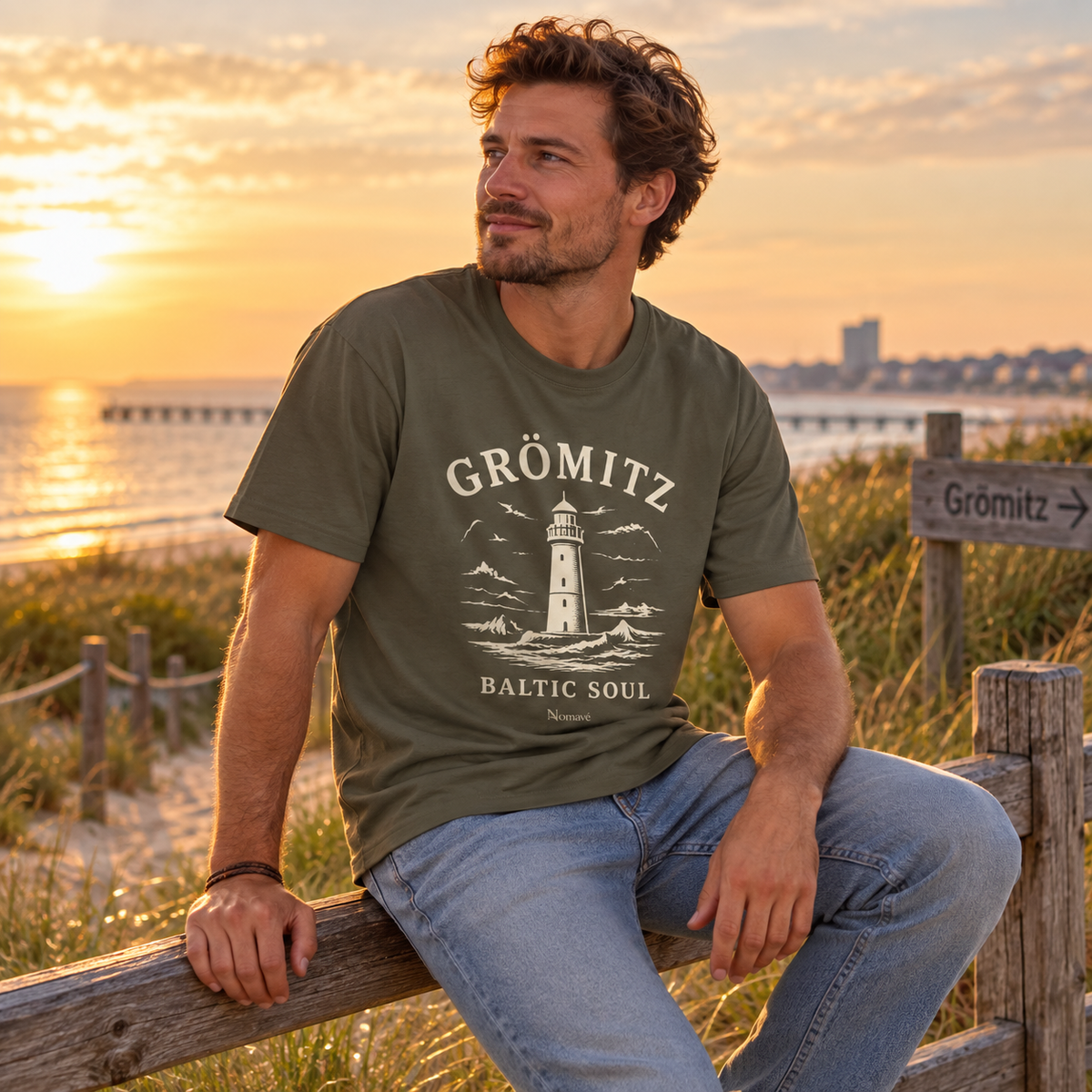 Mann im Grömitz Baltic Soul Dark Bio-Heavy T-Shirt am Dünenweg