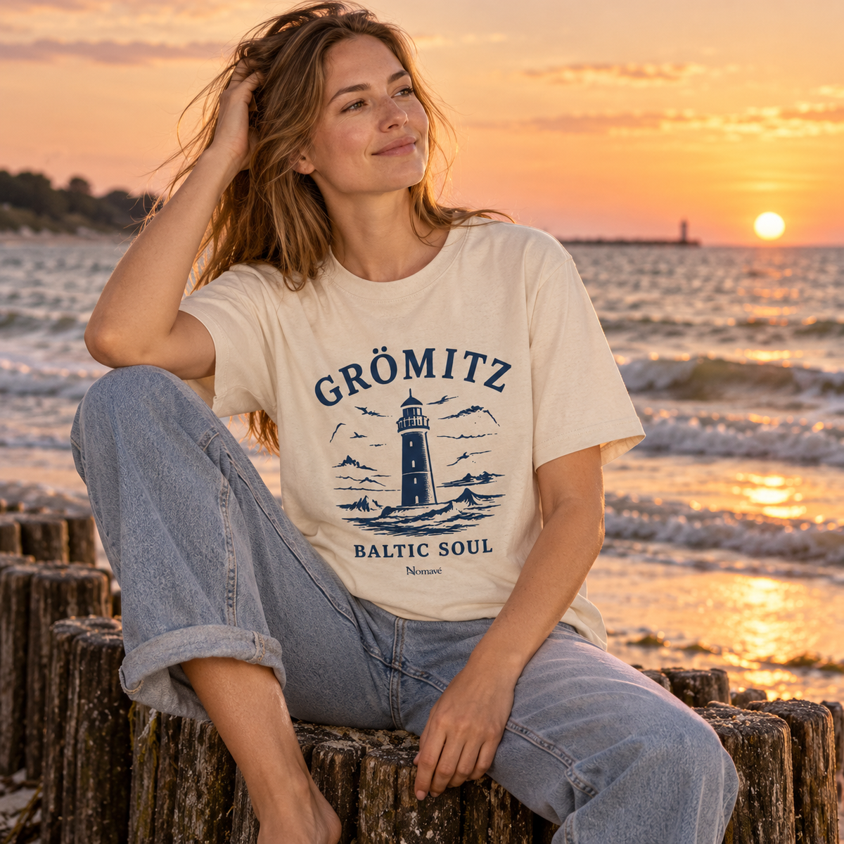 Frau im Grömitz Baltic Soul Light Bio-Heavy T-Shirt an der Ostseeküste