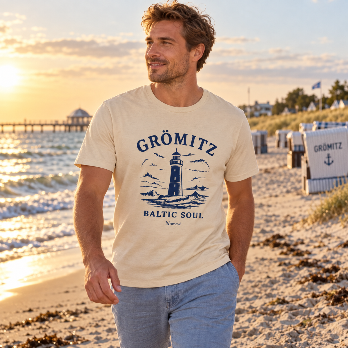 Mann im Grömitz Baltic Soul Light Essential T-Shirt am Ostseestrand