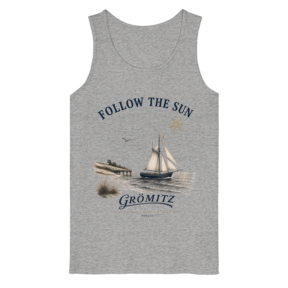 Grömitz Follow the Sun Bio-Tank-Top in Heather Grey mit Segelschiffmotiv