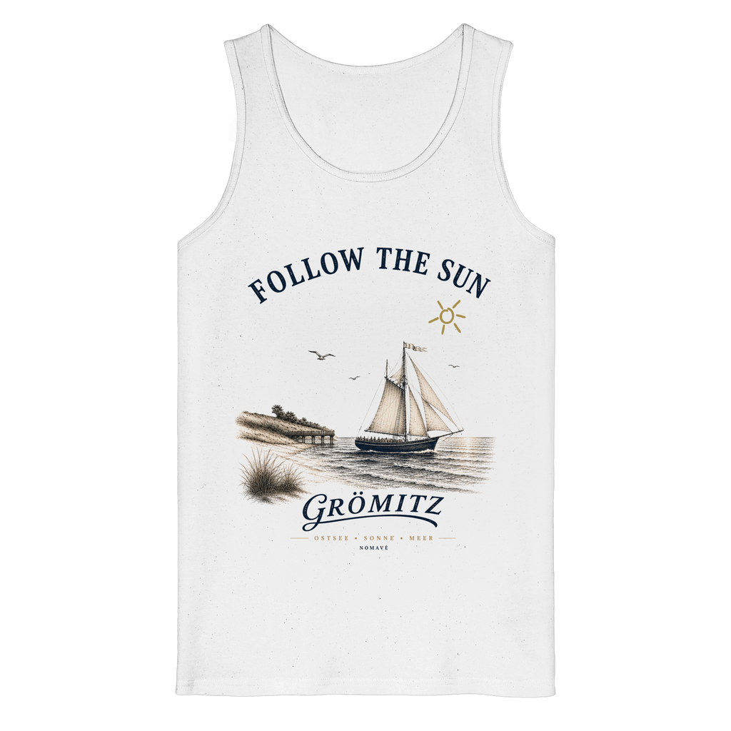 Grömitz Follow the Sun Bio-Tank-Top in Weiß mit Segelschiffmotiv