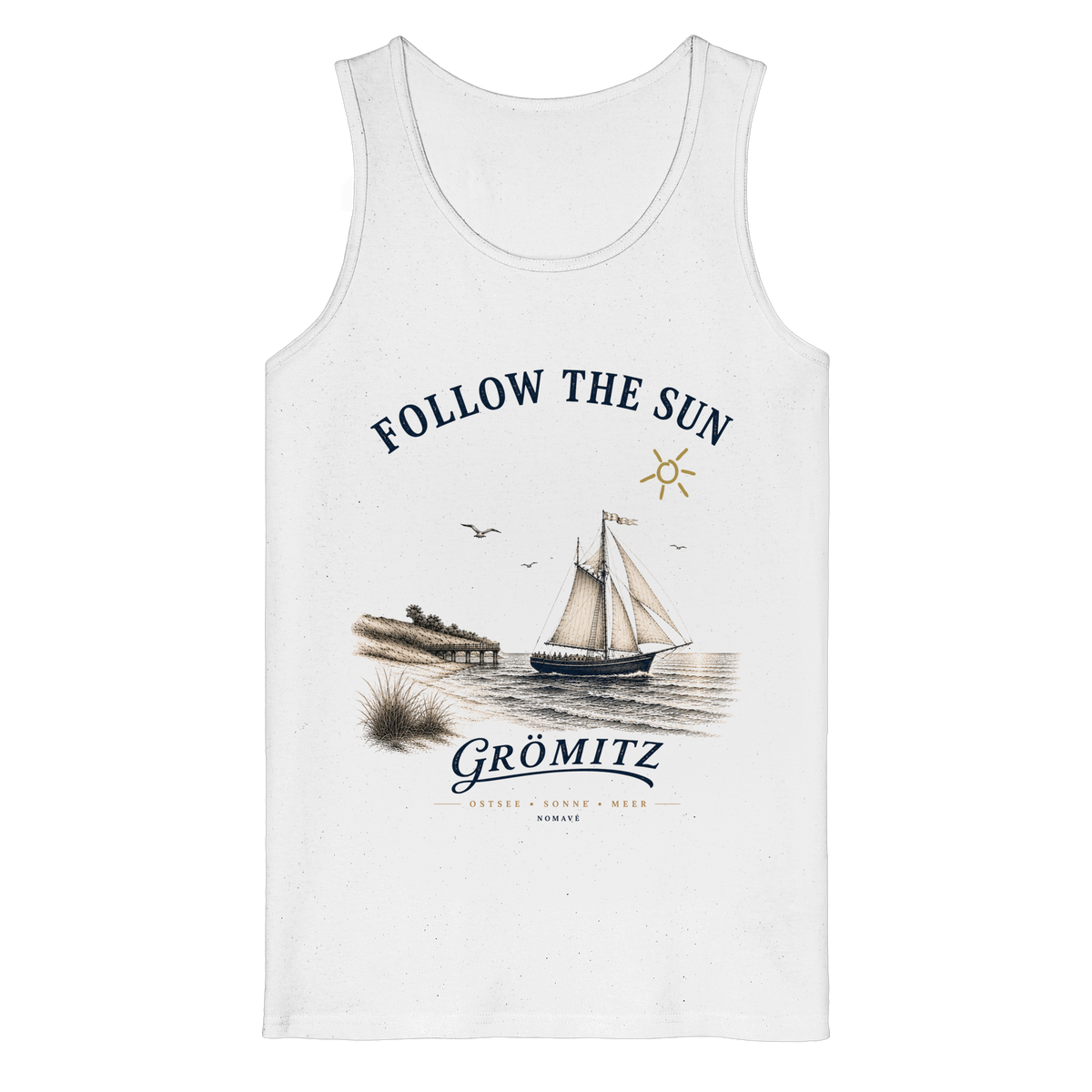 Grömitz Follow the Sun Bio-Tank-Top in Weiß mit Segelschiffmotiv