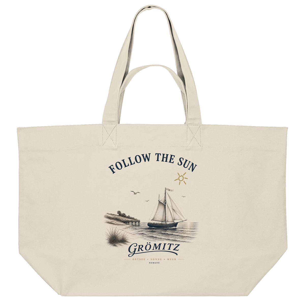 Grömitz Follow the Sun Organic Shopping Bag in Natural Raw mit Segelschiffmotiv