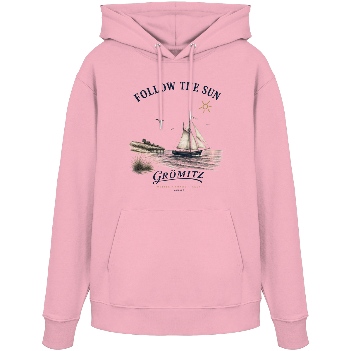 Grömitz Follow the Sun Unisex Bio-Hoodie in Cotton Pink mit Segelschiffmotiv