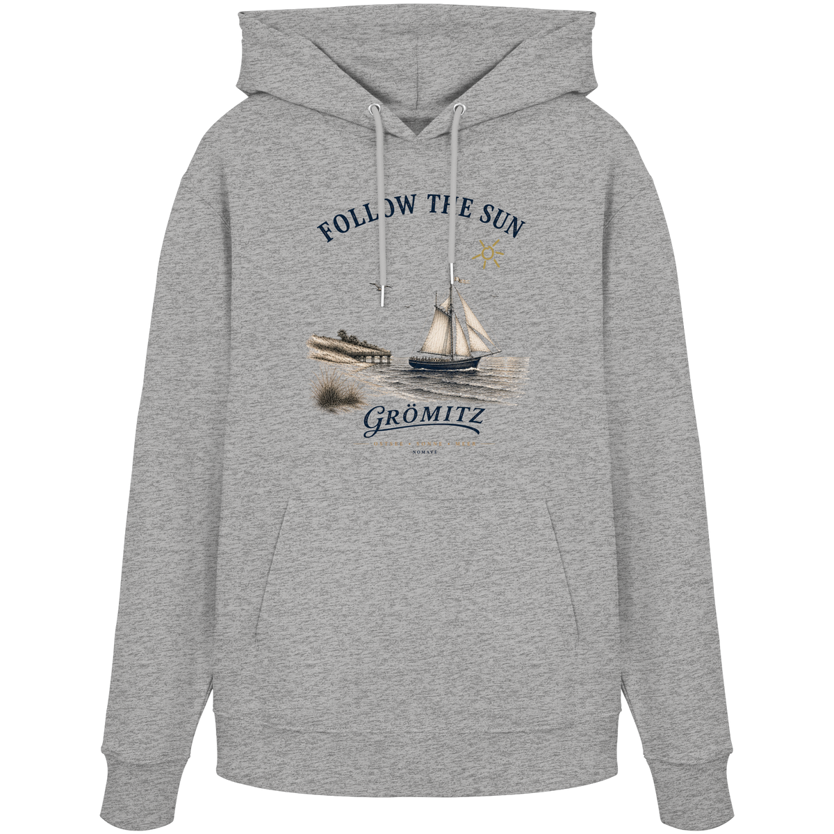 Grömitz Follow the Sun Unisex Bio-Hoodie in Heather Grey mit Segelschiffmotiv