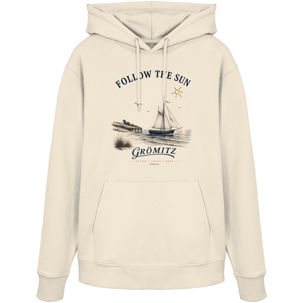 Grömitz Follow the Sun Unisex Bio-Hoodie in Natural Raw mit Segelschiffmotiv