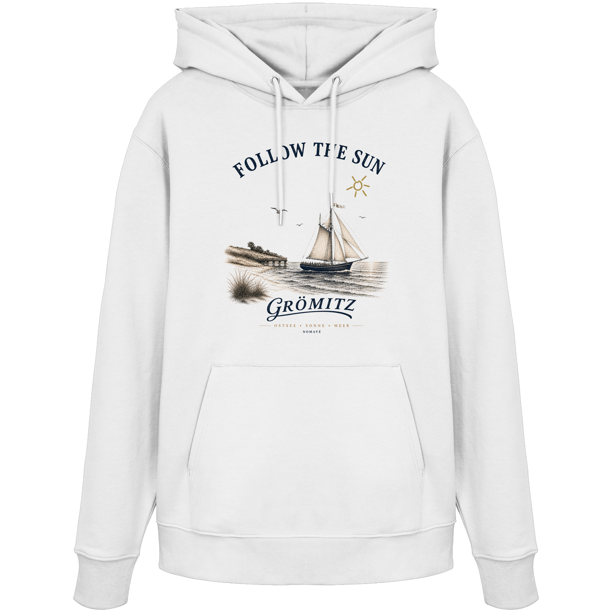 Grömitz Follow the Sun Unisex Bio-Hoodie in Weiß mit Segelschiffmotiv