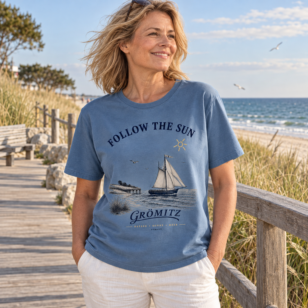 Frau trägt das Grömitz Follow the Sun Bio-Unisex-Shirt in Blue Soul an der Ostsee