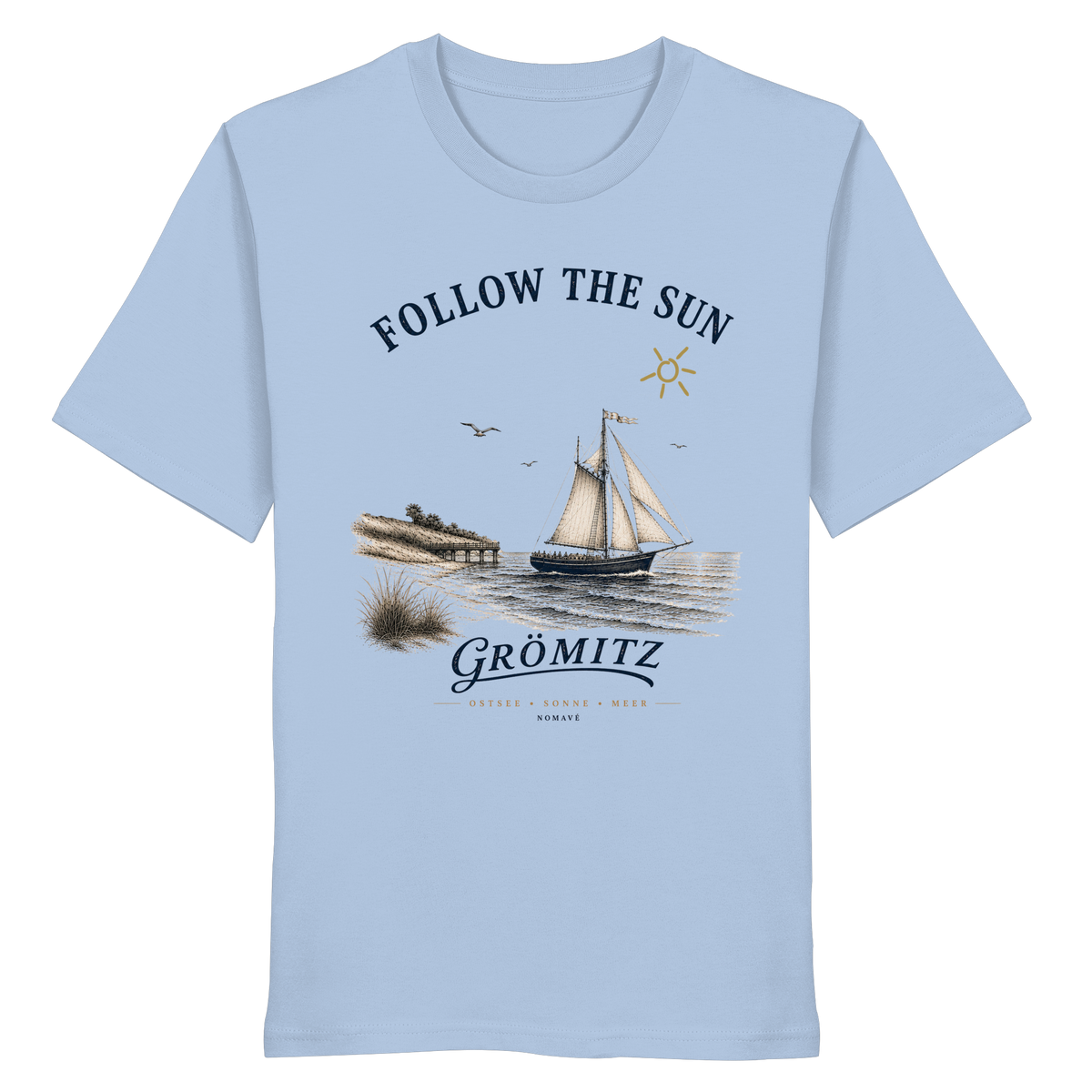 Grömitz Follow the Sun Unisex Bio-Shirt in Blue Soul mit Segelschiffmotiv