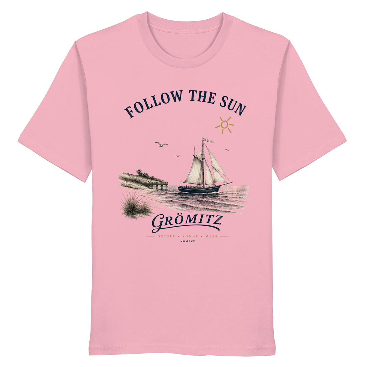 Grömitz Follow the Sun Unisex Bio-Shirt in Cotton Pink mit Segelschiffmotiv
