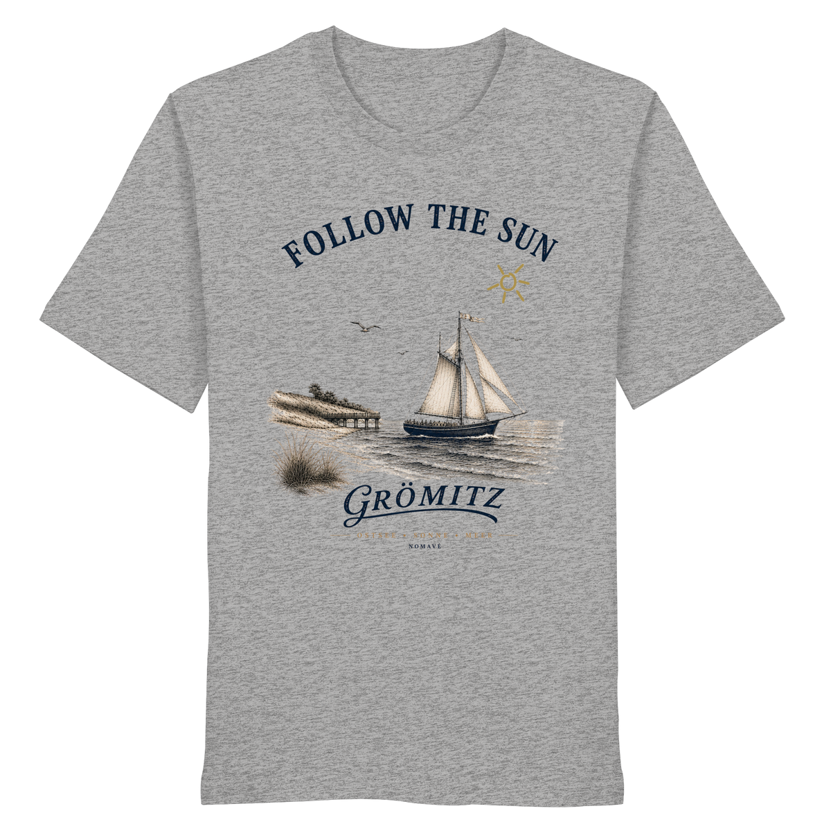 Grömitz Follow the Sun Unisex Bio-Shirt in Heather Grey mit Segelschiffmotiv