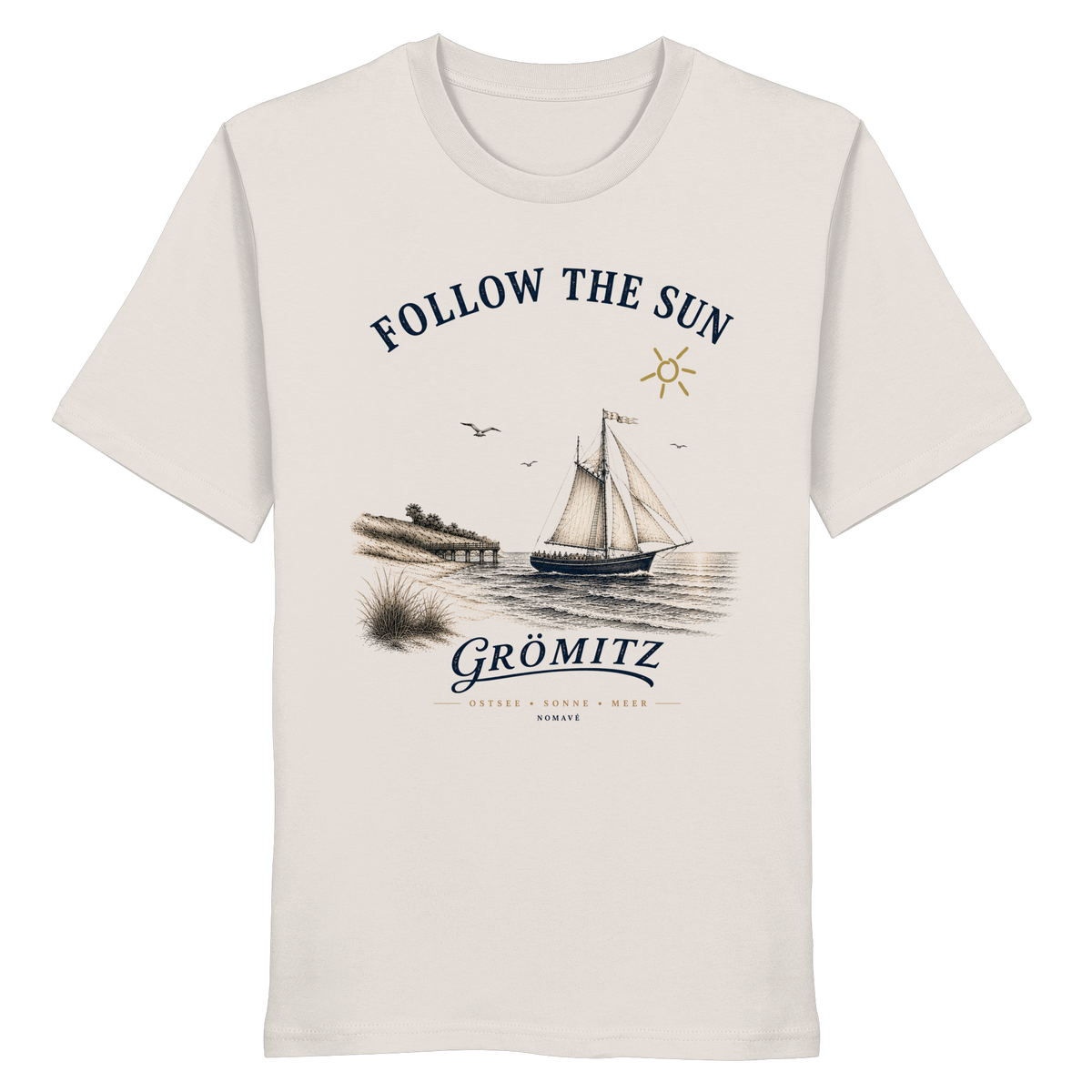Grömitz Follow the Sun Unisex Bio-Shirt in Vintage White mit Segelschiffmotiv