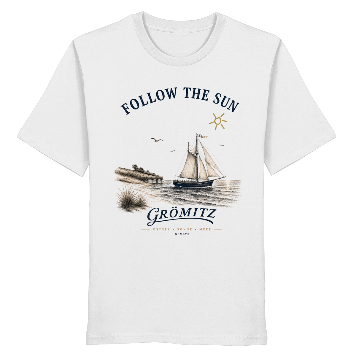 Grömitz Follow the Sun Unisex Bio-Shirt in Weiß mit Segelschiffmotiv