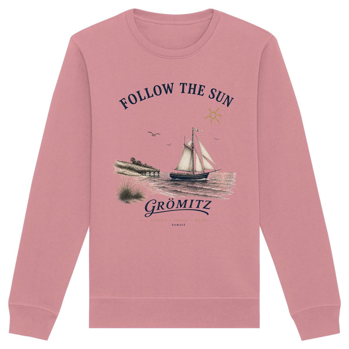 Grömitz Follow the Sun Unisex Bio-Sweatshirt in Canyon Pink mit Segelschiffmotiv