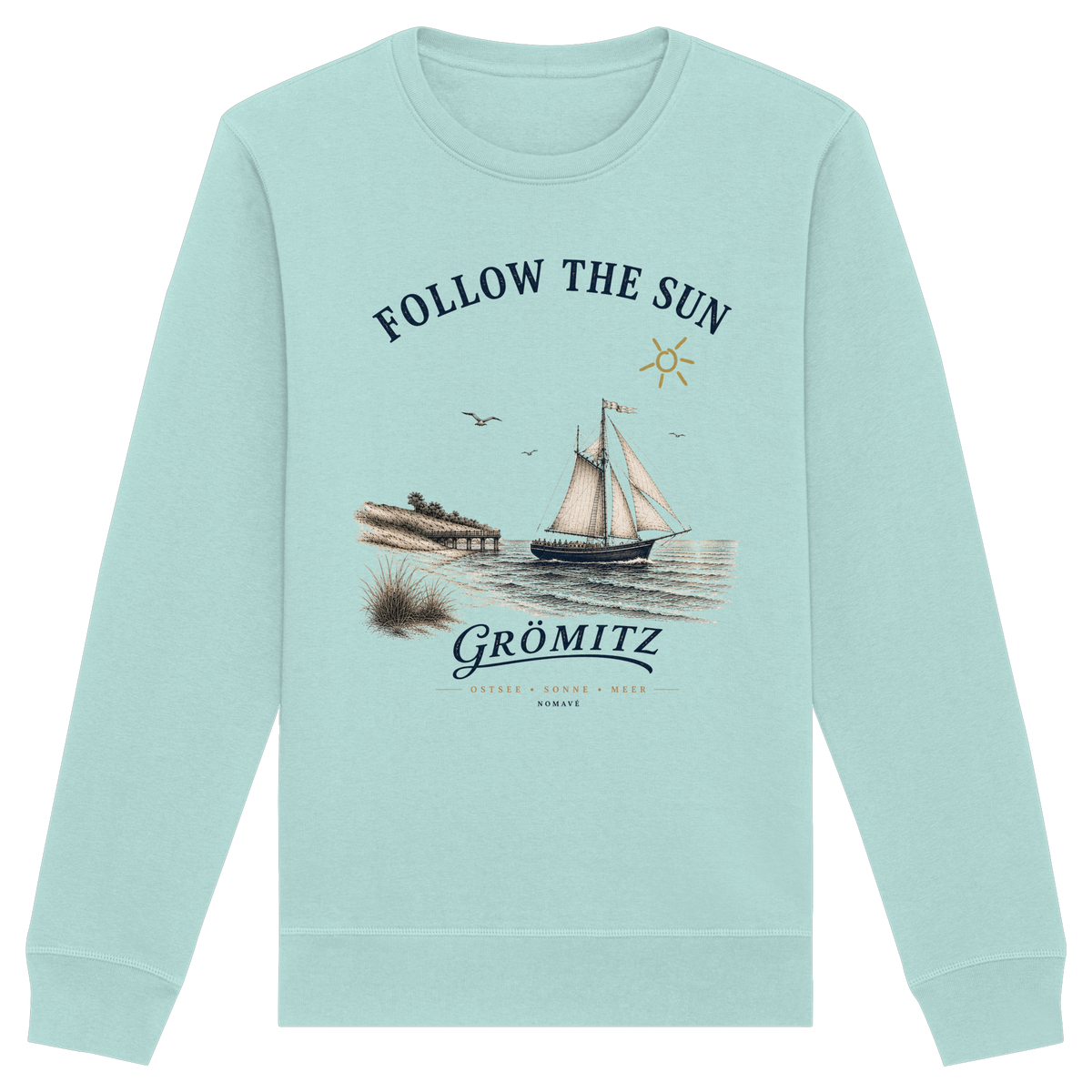 Grömitz Follow the Sun Unisex Bio-Sweatshirt in Caribbean Blue mit Segelschiffmotiv