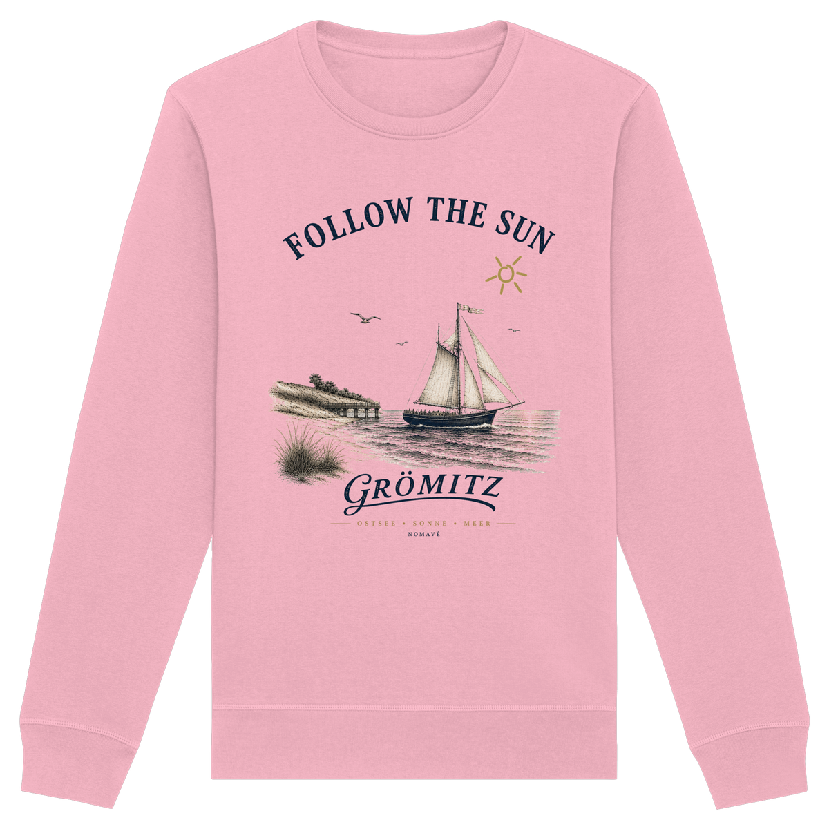 Grömitz Follow the Sun Unisex Bio-Sweatshirt in Cotton Pink mit Segelschiffmotiv