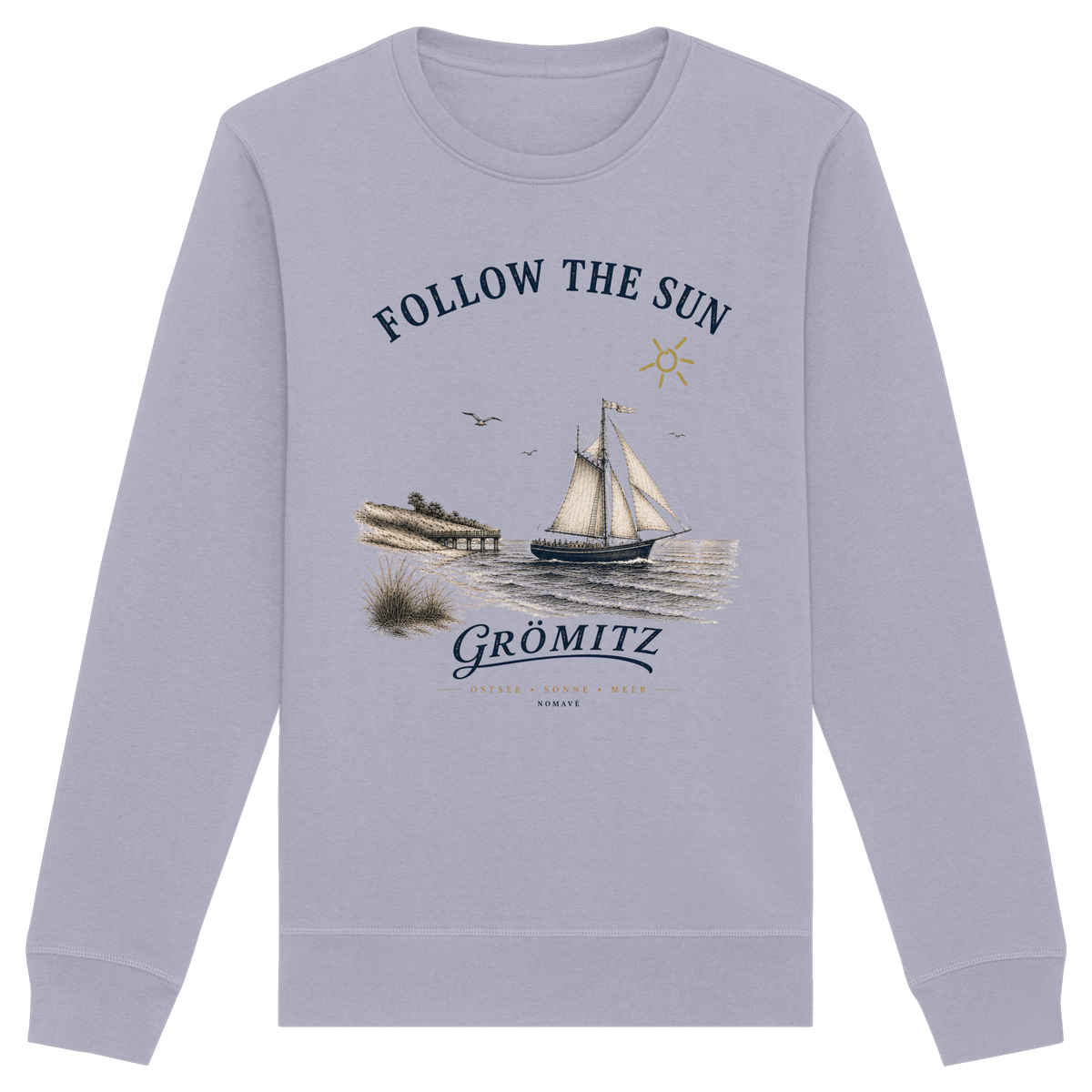 Grömitz Follow the Sun Unisex Bio-Sweatshirt in Serene Blue mit Segelschiffmotiv